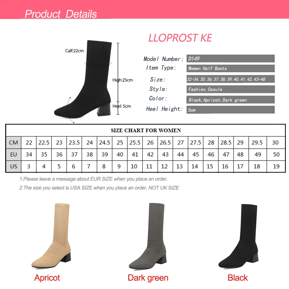 

Lloprost ke fashion women sock boots square toe slip on ladies half boots black apricot sexy PU leather mid calf boots D149