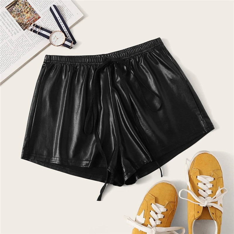 SHEIN однотонные шорты из искусственной кожи с завязками на талии, женская одежда, женские Гламурные Серебристые летние шорты с эластичной талией