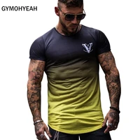gradient color fashion t shirt men fast compression breathable mens short sleeve fitness mens t shirt gyms tee tight casual top