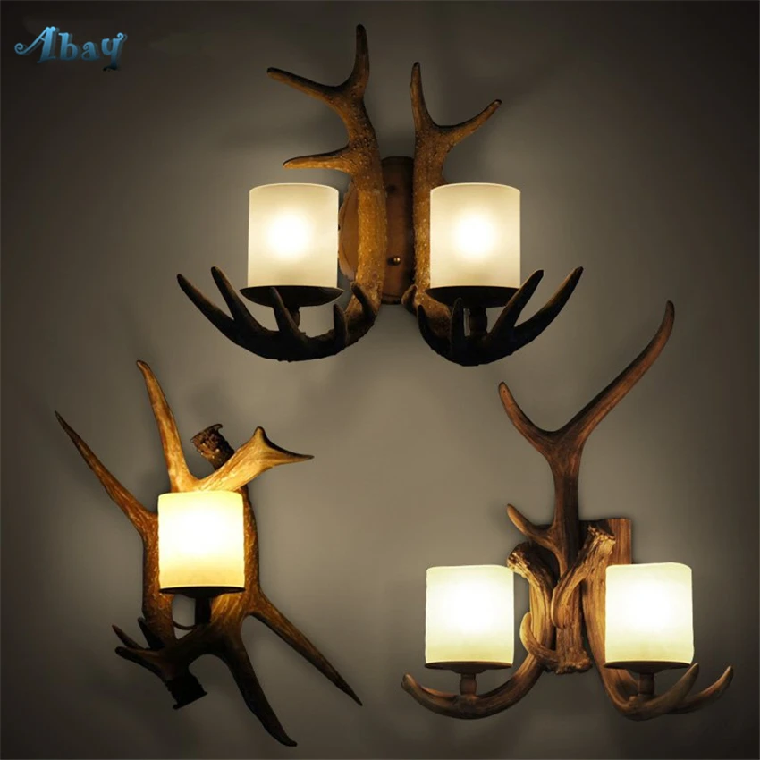 

American Country Sconce Antlers Wall Lamps for Living Room Bedroom Rural Restaurant Retro Bedside Resin Glass Wooden Wall Lights