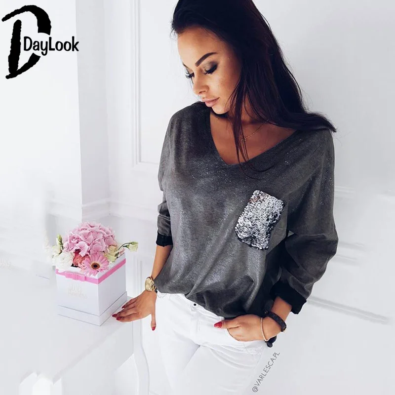Daylook осень 2017 г. Новый Для женщин рубашки блестки лоскутное карман Bling с v-образным