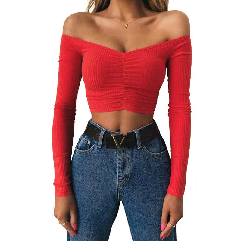 

Fashion Women Casual Off shoulder Crop Top Bandage Slim Tank V neck Ladies tunique femme Elegant Dames Party Club Tee Streetwear