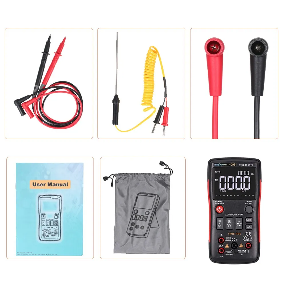 

RICHMETERS RM409B Digital Multimeter True-RMS DC AC Voltage Ammeter Current Meter With Analog Bar Graph Temperature Sensor Test
