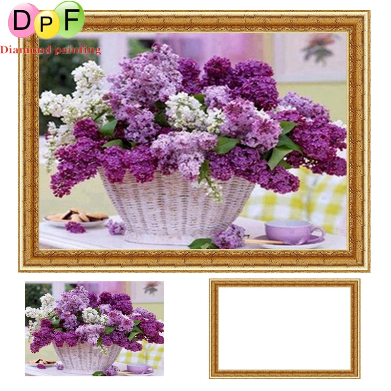 

DPF with Frame Diamond painting Cross Stitch purple Floral 5D Round full diamond Mosaic Diamond Embroidery home decor crafts