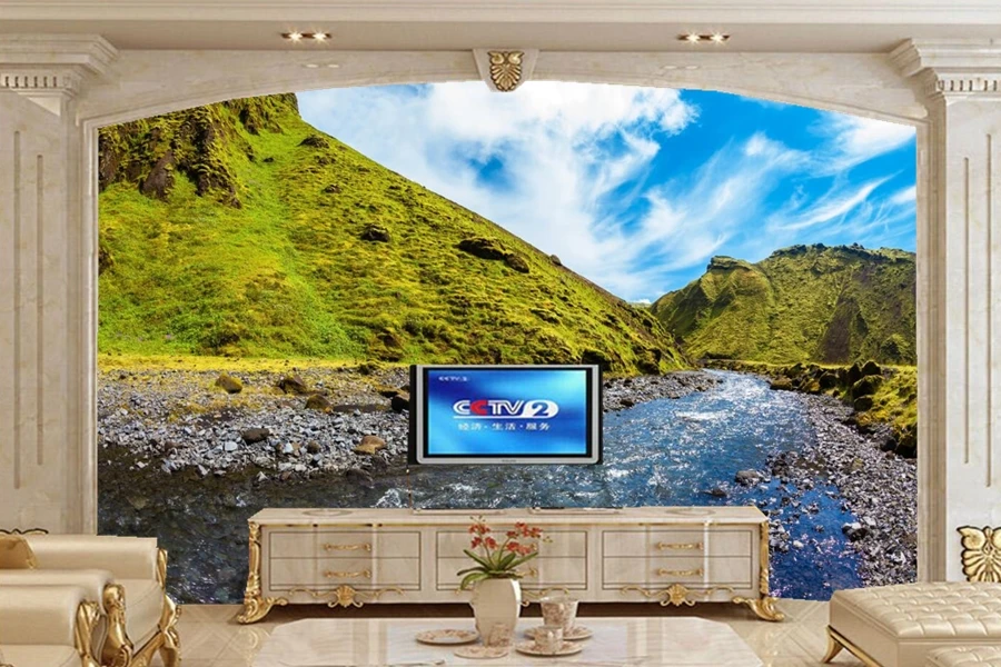 Настенные 3D обои на заказ с рисунком пейзажа изображением гор Исландии рек