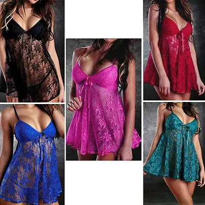 Сексуальное женское белье, кружевное платье Babydoll, женское прозрачное ночное белье, одежда для сна, нижнее белье, стринги, прозрачная Пижама