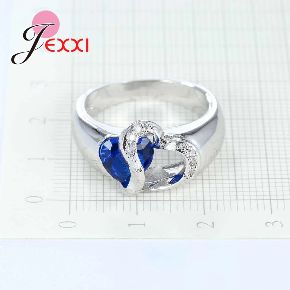 Crystal 925 Sterling Silver Heart Shape Blue Cubic Zirconia Rings Women Jewelry For Party Engagement Valentine's Day | Украшения и