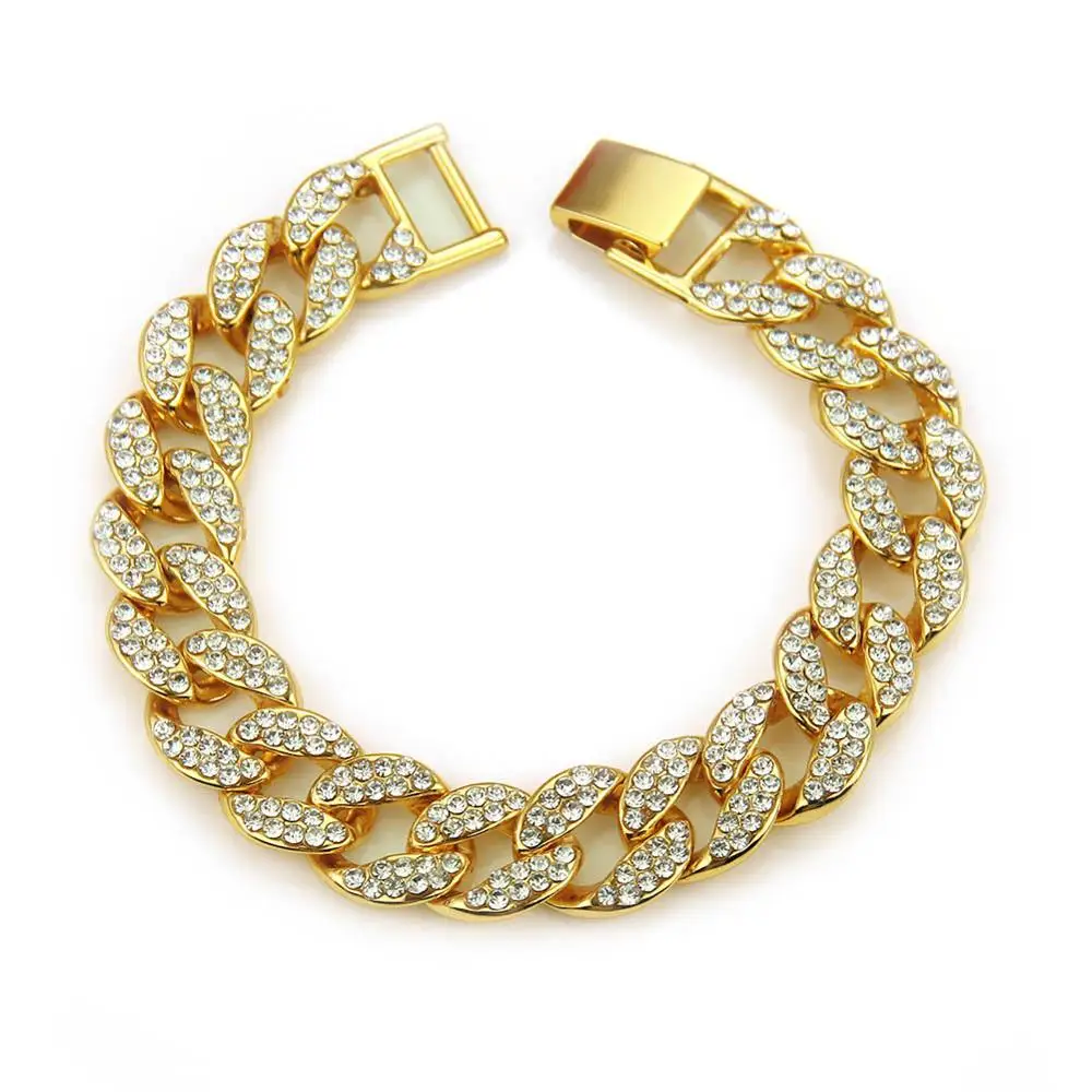 Gold Bracelet Серебряное золотое ожерелье в стиле хип-хоп с блестящей цепочкой, 15 мм, браслет со стразами для мужчин, ювелирное ожерелье s - Окраска металла: Gold Bracelet