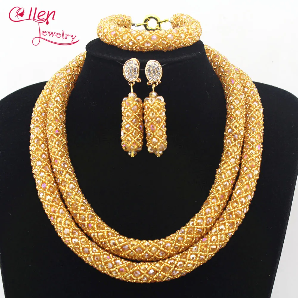 Crystal flower Nigerian Wedding African Beads Jewelry Set Handmade Indian Dubai Bridal Necklace Sets Bracelet Earrings N0028 | Украшения и