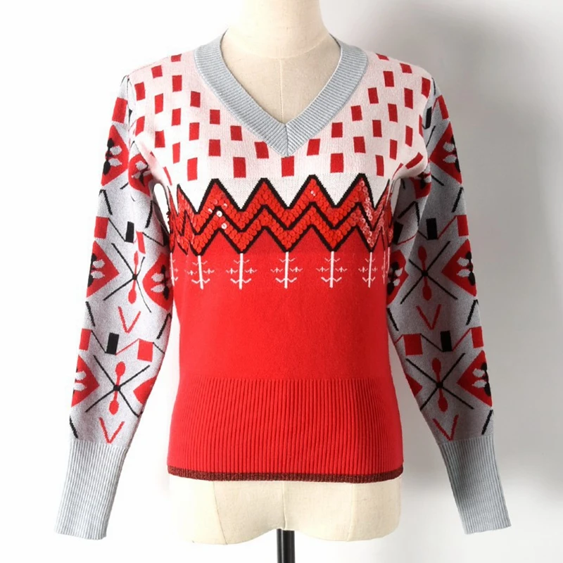 Женский трикотажный свитер с V-образным вырезом и длинным рукавом | Женская