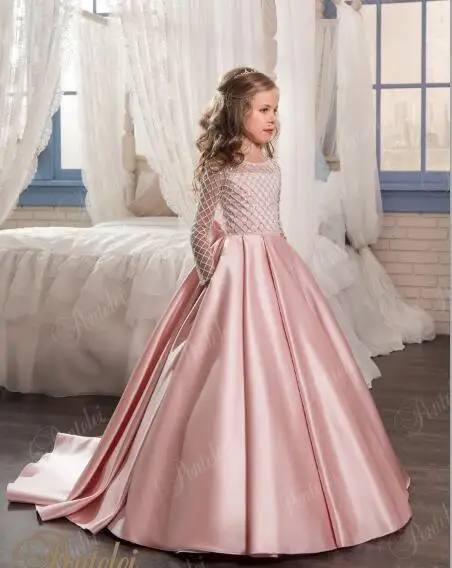 Aibaowedding/Нарядные Платья с цветочным узором для девочек драпированное платье с длинными рукавами для первого причастия розовые фатиновые Бальные платья для детей, блестящие, от 0 до 12 лет - Цвет: Picture color