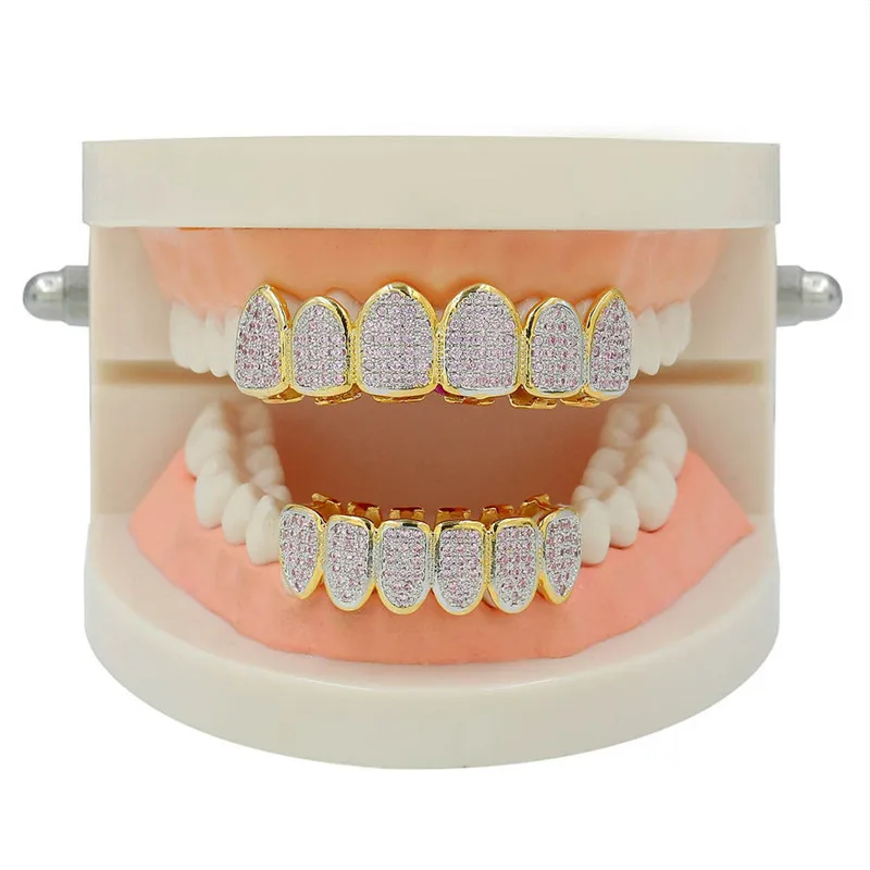Hip Hop Teeth Grillz Iced Out AAA Zircon Top &amp Bottom Tooth Set For Men Women Pink Color Fashion | Украшения и аксессуары