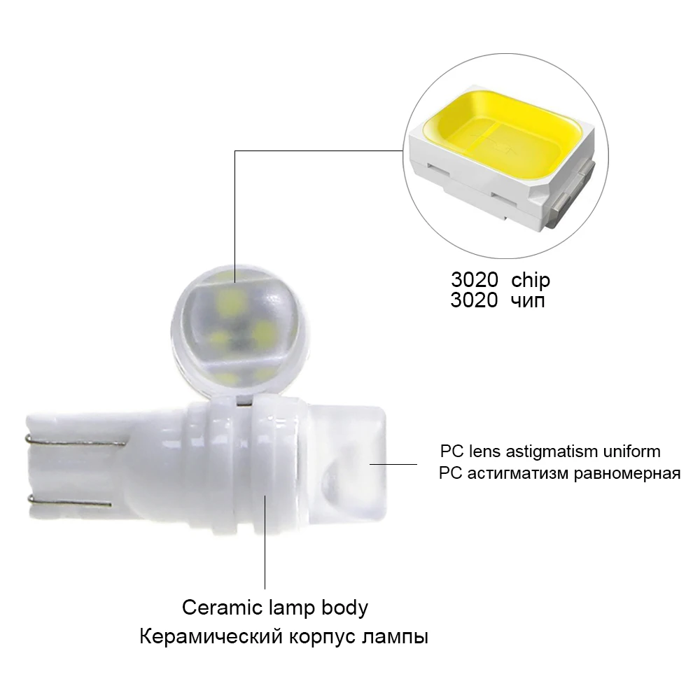 KEIN 100PCS t10 w5w led bulbs Ceramic 3smd 3020 T10 car auto 168 194 Side Wedge Reading License Plate Light lamp vehicle 12V | Автомобили