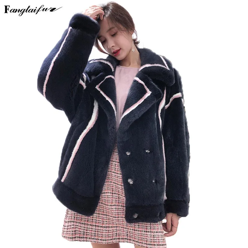 

Ftangaiur Winter Women Jacket Import Velvet Mink Fur Coat Turn-Down Collar Loss Mink Coats Short Striped Real Mink Fur Coats