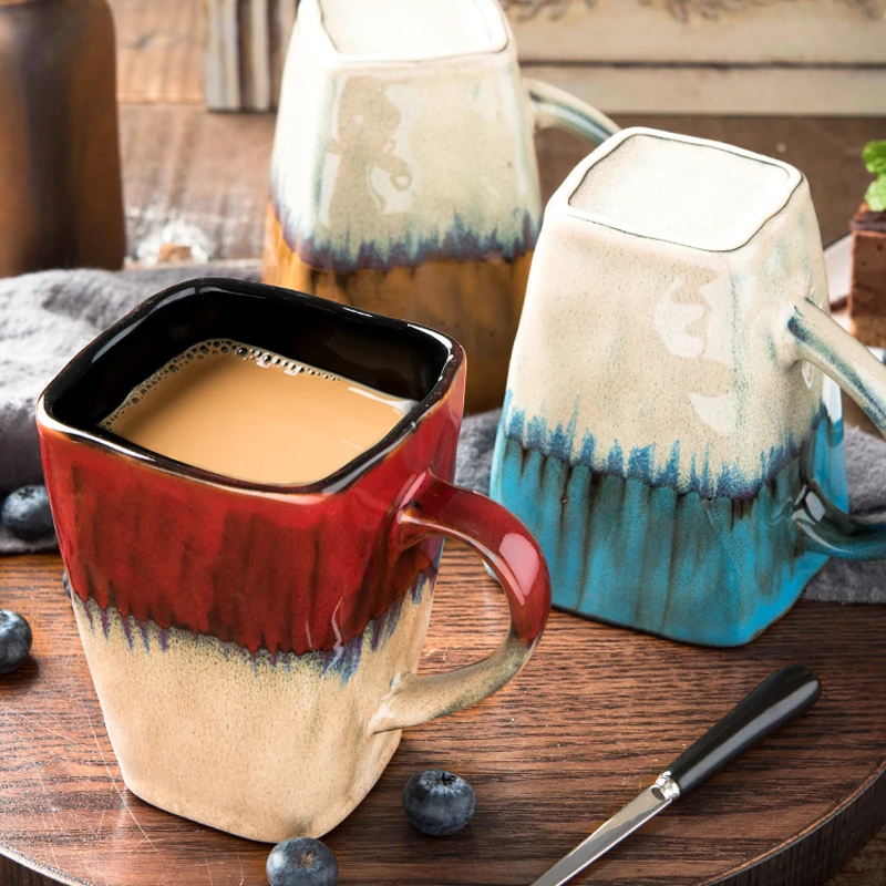 

Creative Retro square mug Ceramic coffee Cups and tea Mug Milk Coffee Mugs Friends Gifts Student Breakfast Cup mug with spoon