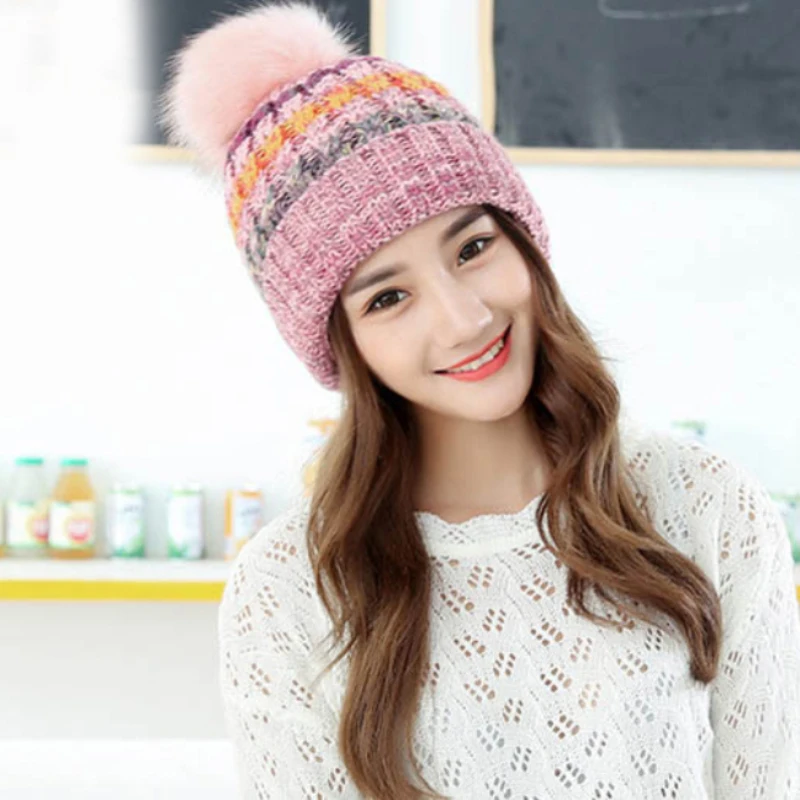

HT1932 Female Cuffed Beanie Hat Thick Warm Winter Hat Woman Beanies Hats with Fur Pom Poms Mixing Colors Ski Skullies Beanie Cap