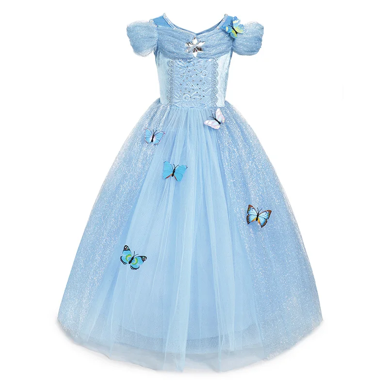01 Blue Dress Only Платье Золушки для девочек платье бальное платье для детей с вышитыми бабочками Эльза, Белль карнавальный костюм принцессы для Хэллоуина День рождения - Цвет: 01 Blue Dress Only