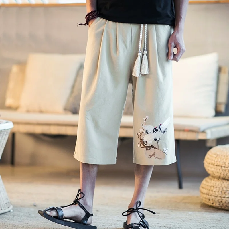 2017 Летние льняные брюки мужские белые широкие с эластичным поясом китайская