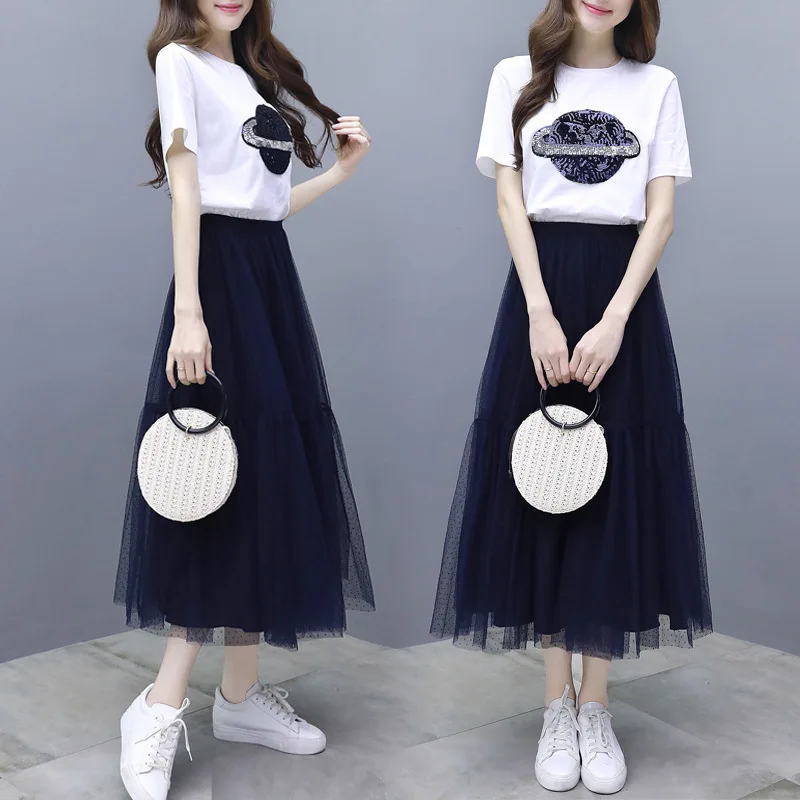 

2 Piece Outfits for Women Cute Office Ladies Short Sleeve 3D Printed T Shirts Tops Blue Pleated Midi Chiffon Tulle Skirts Sets