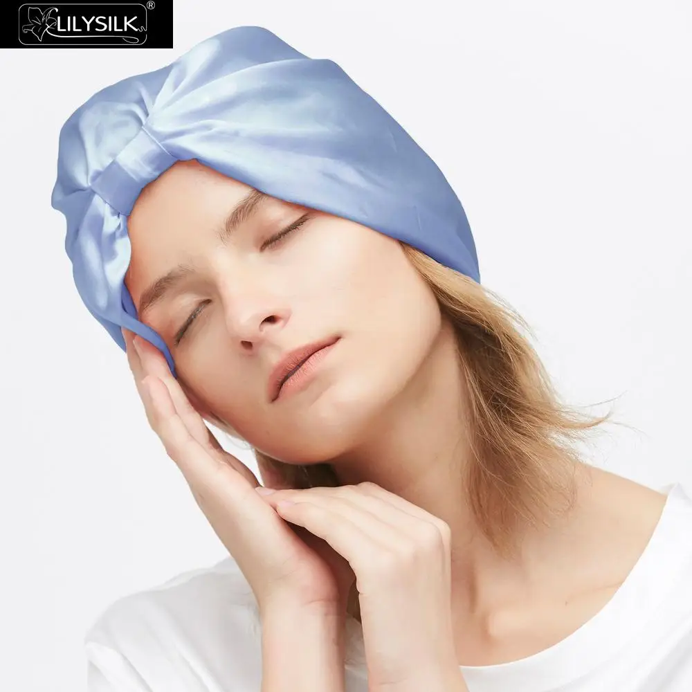 Light Blue LilySilk шелковая шапочка для сна Классическая плиссированная шапка для волос один размер Женская Новинка - Цвет: Light Blue