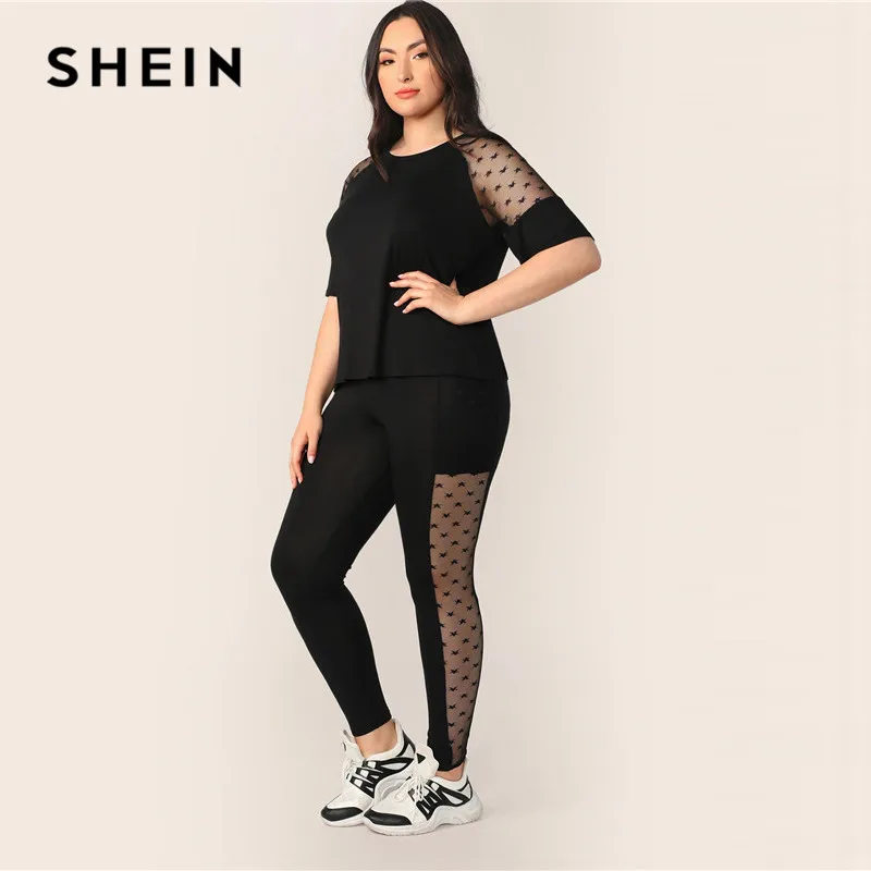 SHEIN, комплект из топа и леггинсов размера плюс, черная звезда, сетчатая вставка, рукав,, женский весенний комплект, полурукав реглан, эластичный, два предмета