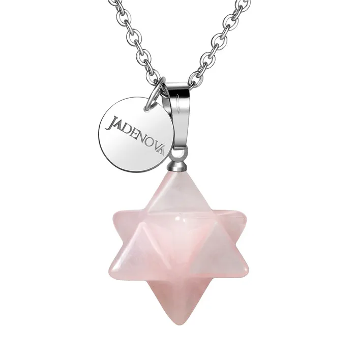 Natural Rose Quartz 3D Merkaba звезда Подвеска Ожерелье чакра рейки энергия Исцеление Кристалл ювелирные изделия 18 дюймов нержавеющая сталь цепь - Окраска металла: Natural Rose Quartz