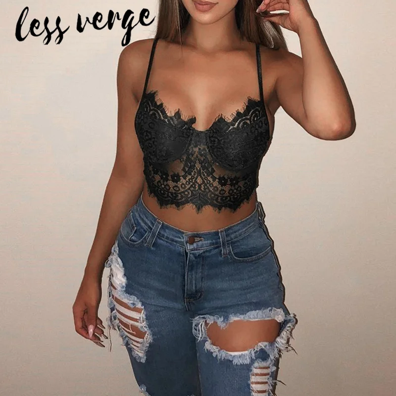 Lessverge, черный прозрачный кружевной топ с бюстгальтером, женские вечерние, без рукавов, белый, сексуальный, прозрачный, укороченный топ, Feme, короткий, летний, Цветочный, на бретельках