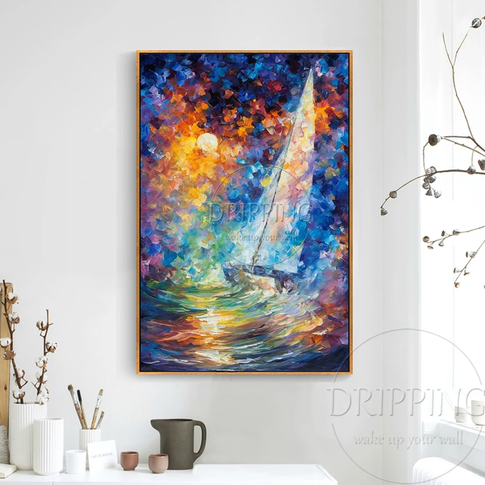 High Quality Vivid Colors Abstract Landscape Oil Painting Decor Hand-painted Knife Textured Colorful Boat | Дом и сад