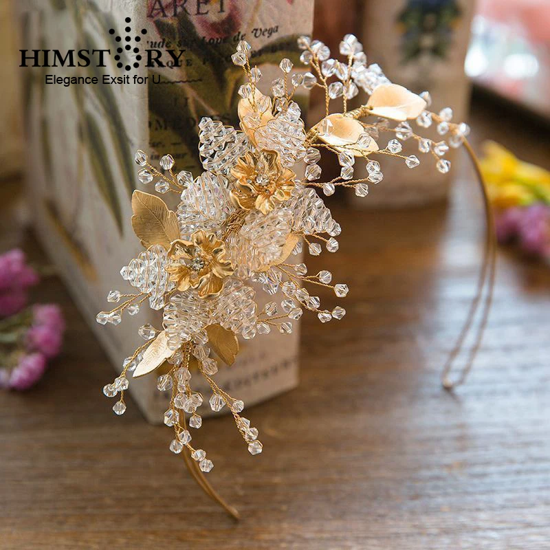 

Handmad Gold Leaf Flower Hairband Crystal Bridal Hairwear Wedding Hair Accessories Hair Jewelry Women Party Hair Ornament