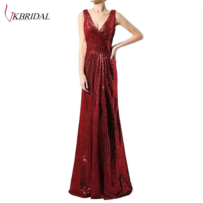 

VKBIRDAL Sexy Sleeveless Pleated Gold Sequins Bridesmaid Dresses Formal Party Gowns Abendkleider