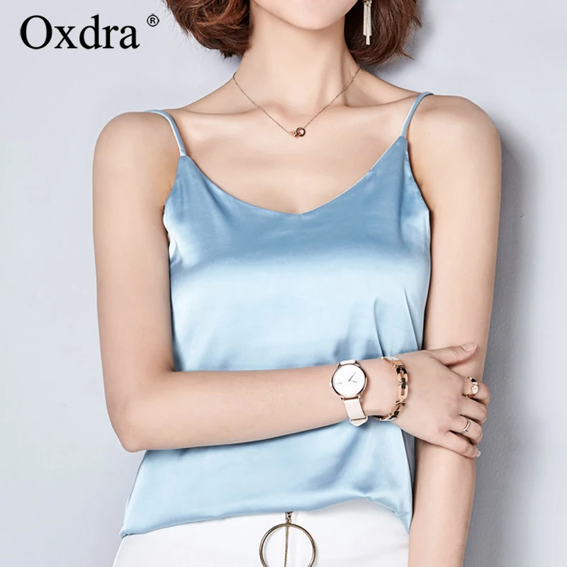 Oxdra женские 2019 Летние Новые однотонные повседневные шелковые топы свободные без