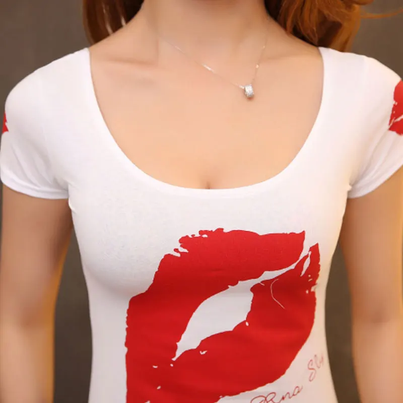guoRong Female Cotton Slim Was T Shirt Women Summer Shirts O-Neck Large stretch Casual Tops Camiseta Feminina Kisses | Женская одежда