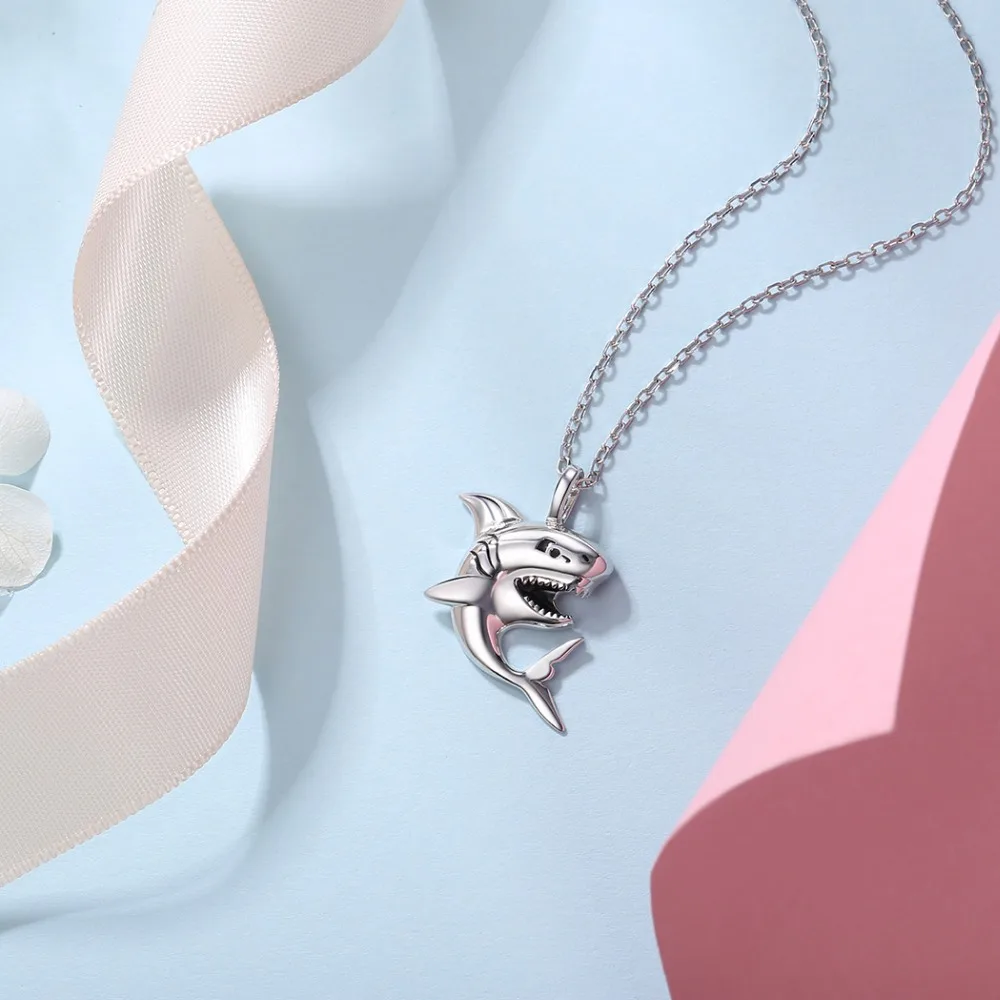 U7 925 Sterling Silver Shark Necklace Sea Animal Pendant & Chain Men Women Fine Jewelry Gift  Wholesale