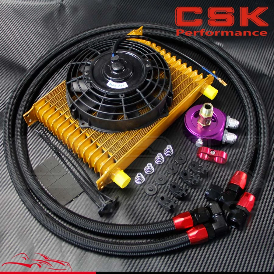 

AN10 15 Row Engine Oil Cooler +oil lines adapter kit + 7" Electric Fan Gold