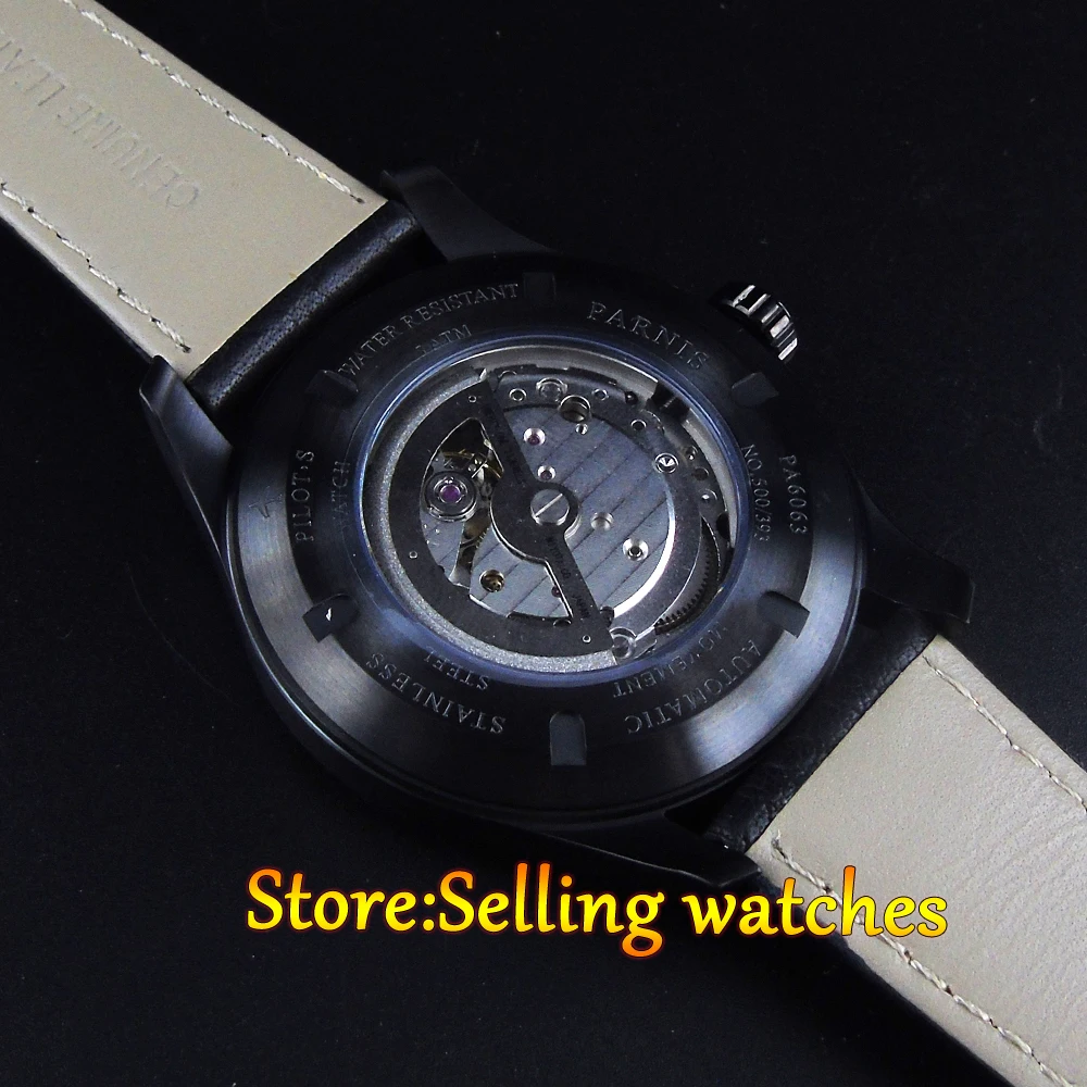 

44mm parnis black dial sapphire glass 316L steel case automatic mens watch