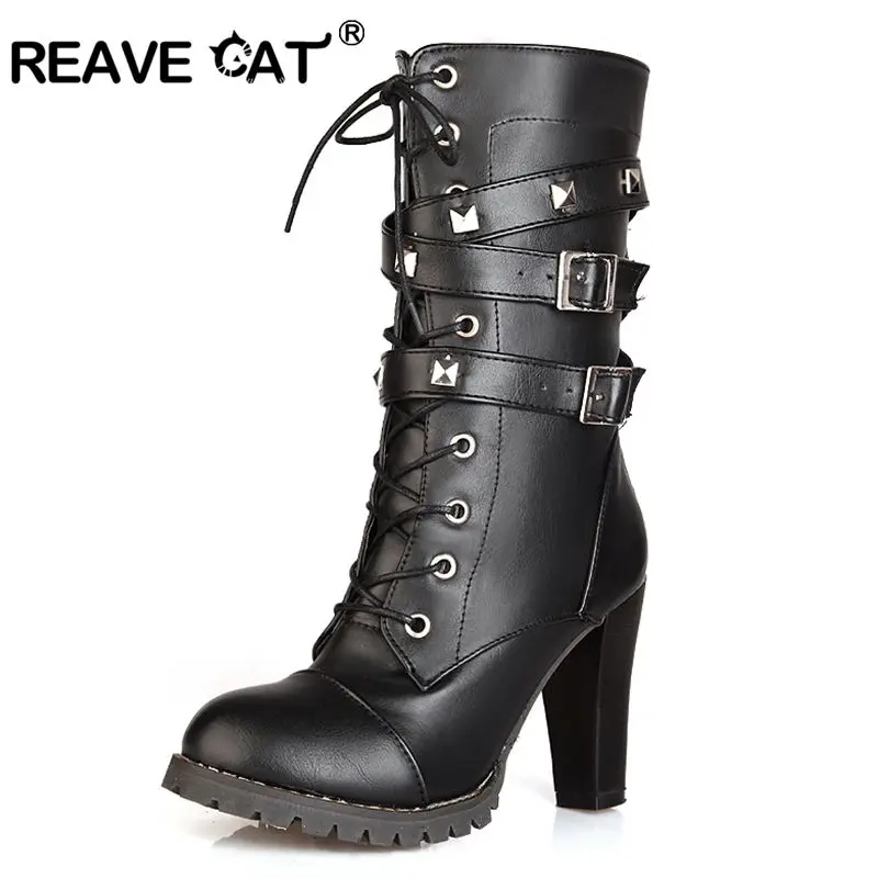 Женские кожаные сапоги до середины икры REAVE CAT высокие на толстом высоком каблуке