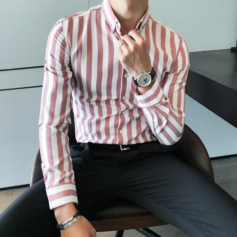 Heren Overhemden Kemeja Pria 2018 элегантные мужские дизайнерские футболки Полосатый Slim Fit