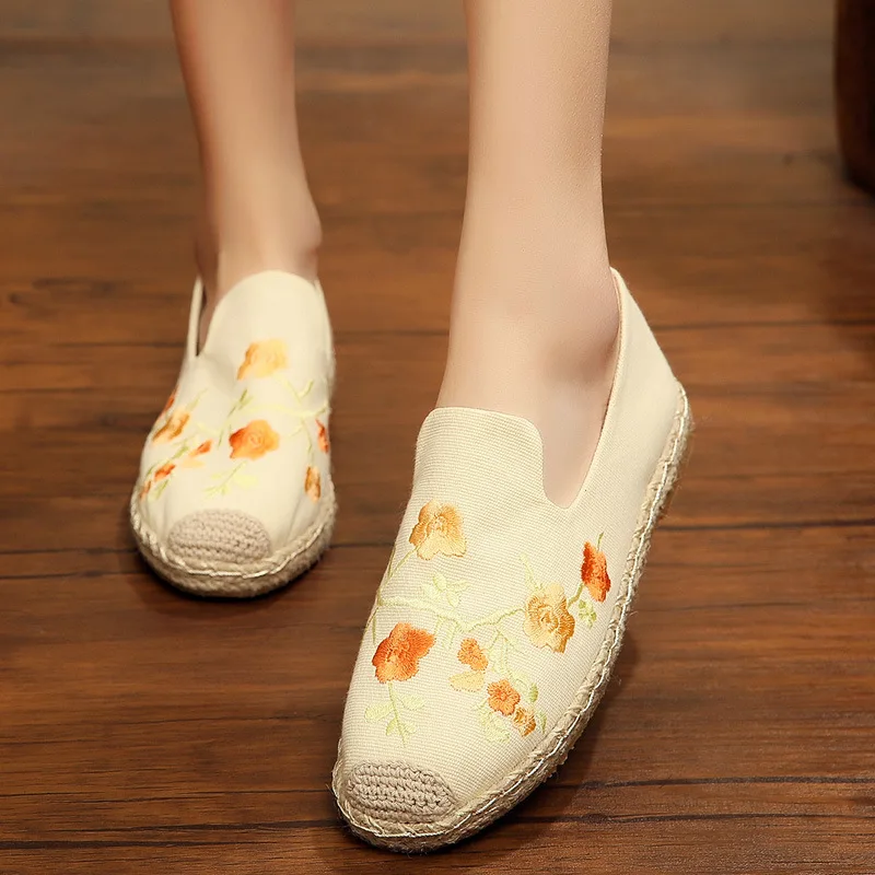 Johnature Canvas Flat Shoes Casual Floral Slip-on Round Toe National Style 2021 New Spring/Autumn Embroider Women | Обувь