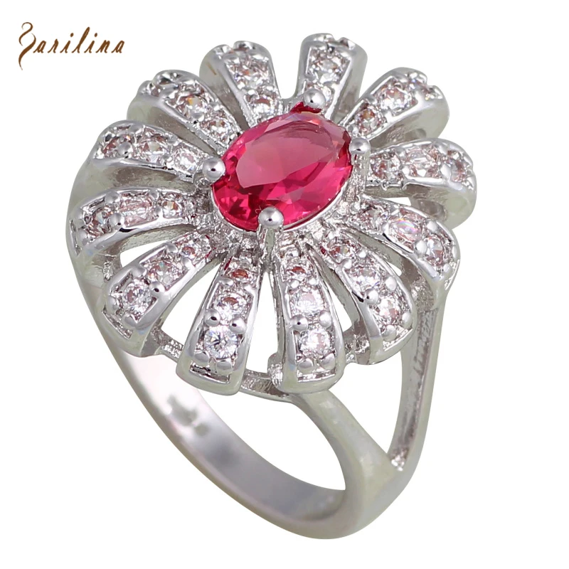 

Wedding Accessories Silver Color Hot Pink CZ Rings For Womens Fashion Bijoux Size 5.5 6 6.5 7 7.5 R602