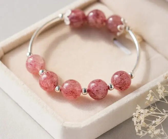 

16-17 см реальный. Женский серебряный натуральный розовый кварц, клубничный кварц и счастливый шарик, Круглый браслет с бусинами, цветочный ...