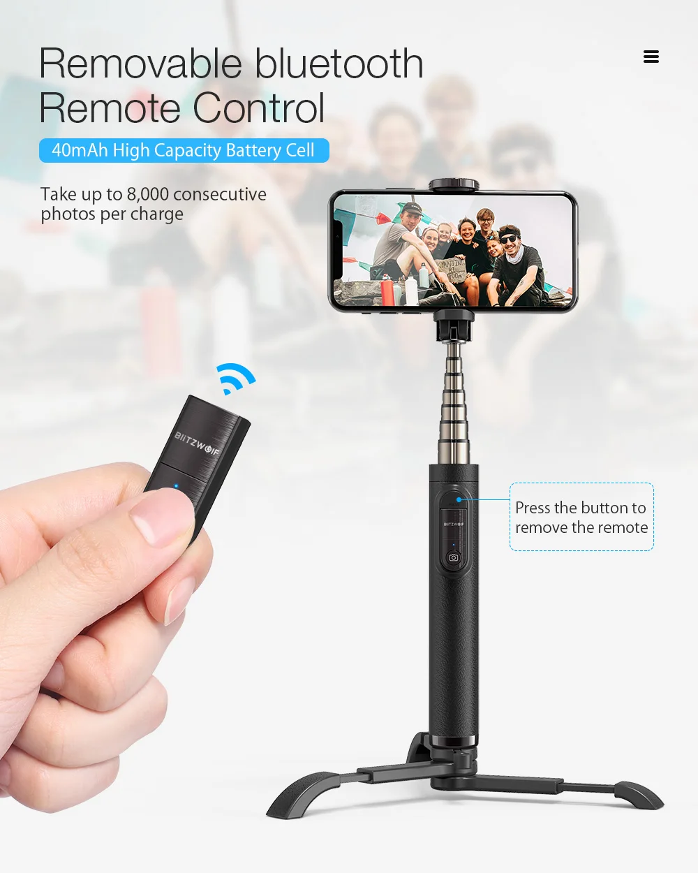 BlitzWolf BW-BS9 Мини bluetooth селфи палка монопод Штатив все в одном интегрированные съемные штативы селфи палки для Iphone