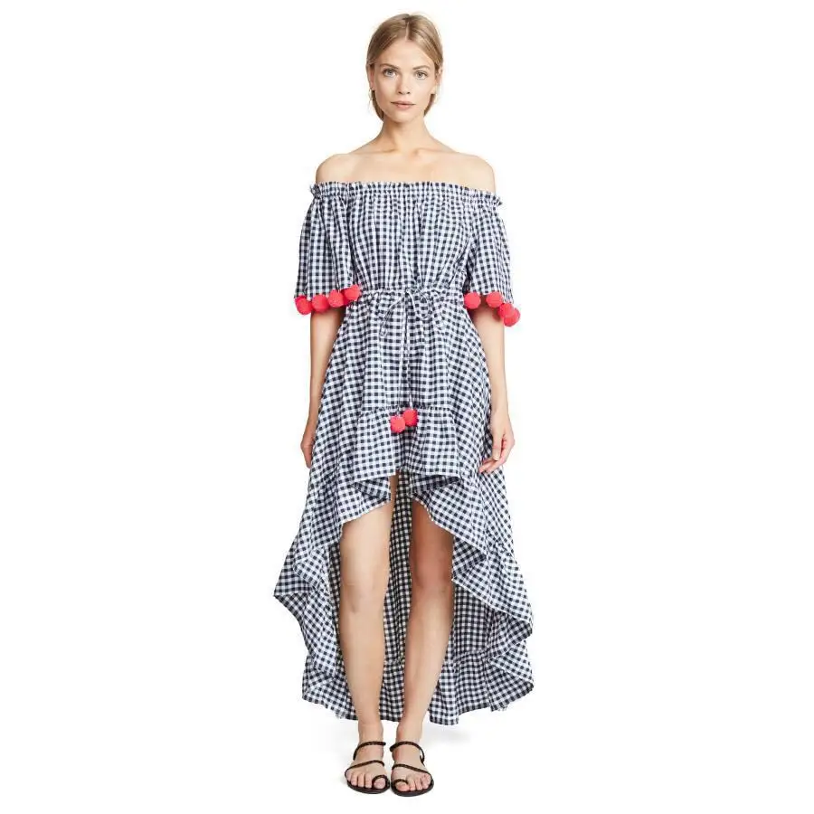 ARANSUE women Beach Holiday bohemian England plaid slash neck pompon botton Frenulum Front short rear length strapless Dress | Женская