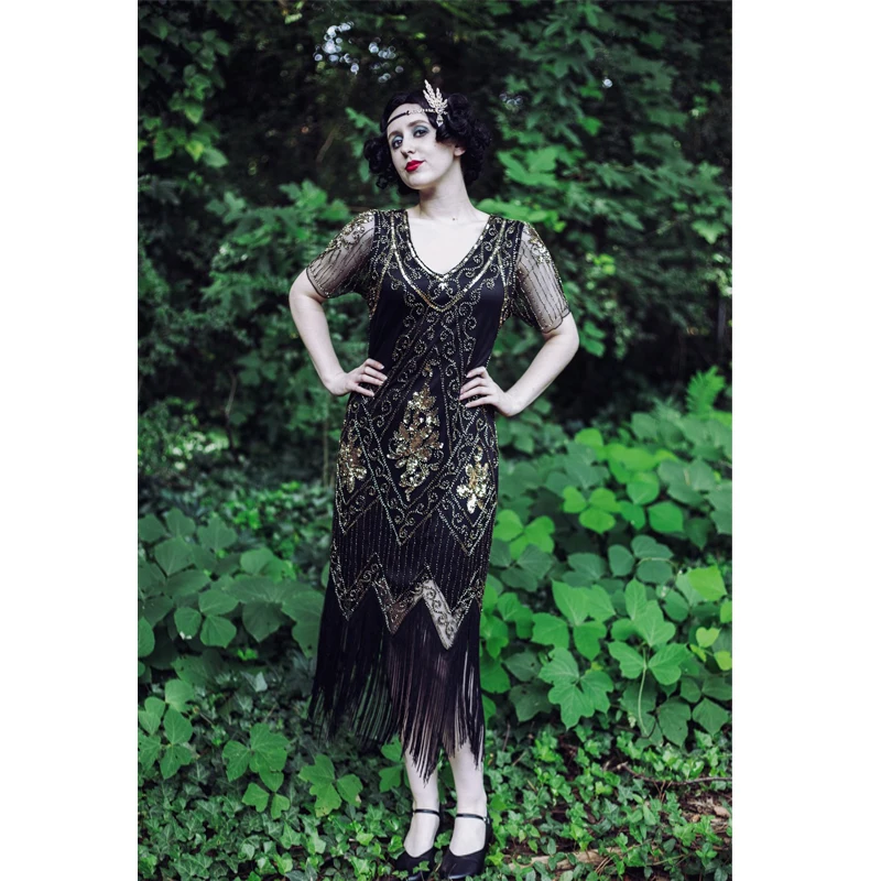 Платье Гэтсби 1920-х годов Женское V-образное коктейльное платье Vintage с пайетками и бахромой с рукавом на выпускной.