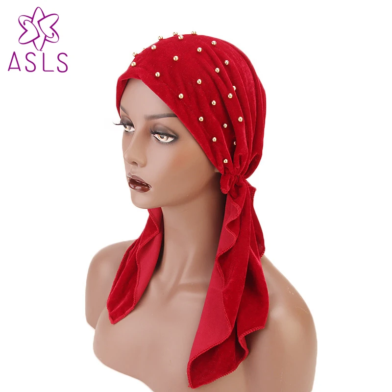 Wine red Модные женские туфли Lady beaded бархат платок химиотерапия шляпа тюрбан платок шарфы с готовым узелком Галстуки Головные Уборы Бандана Tichel рака плат - Цвет: Wine red