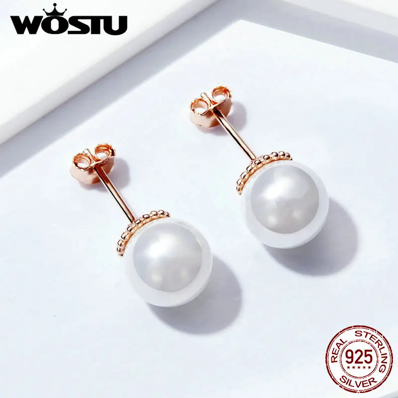 WOSTU серьги-гвоздики из пресноводного жемчуга розового золота, 925 пробы, серебряные маленькие серьги для женщин, Свадебные Элегантные 925 ювелирные изделия FIE609