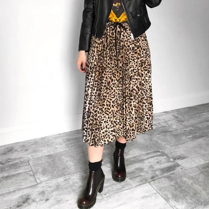 Vintage Leopard Print Pleated Skirts Women Punk Rock Korean Skirt Streetwear Drawstring Elastic Waist Ladies Midi | Женская одежда