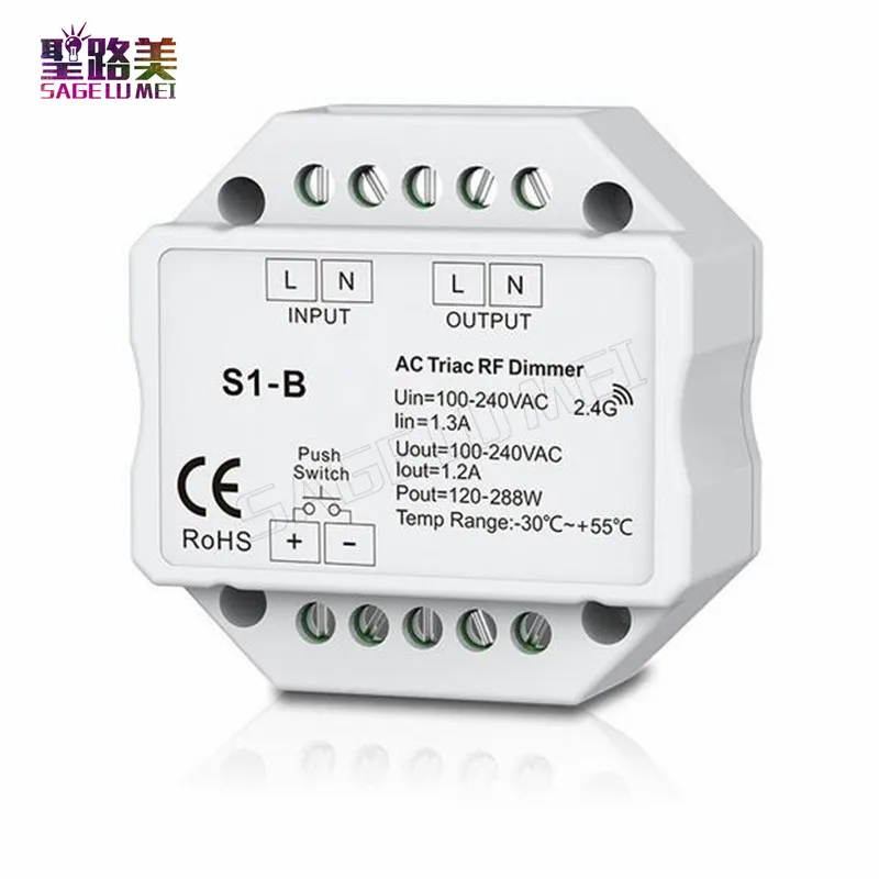 

S1-B Led Triac RF Dimmer Controller use with R1 Remote 2.4GHz Wireless input 100-240V AC 1A 100W-288W Push Dimmer LED Switch