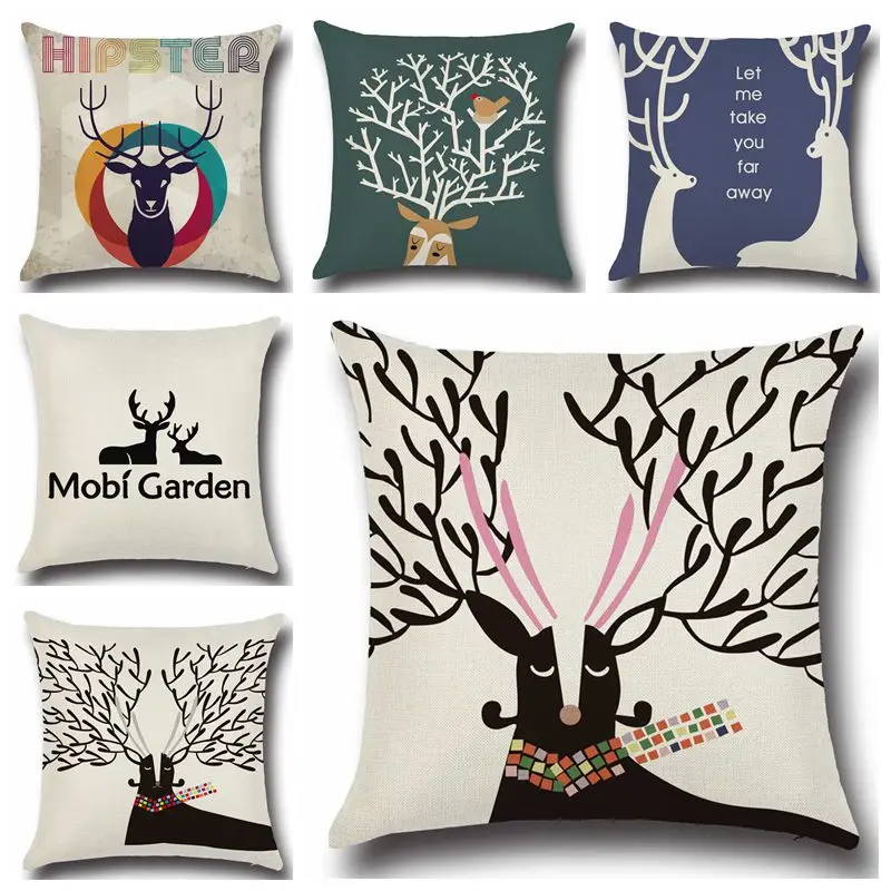 

Cartoon Style Deer Cotton Linen Cushion Cover 45x45cm Pillow Cover Square Home Decorative Cushion Cover