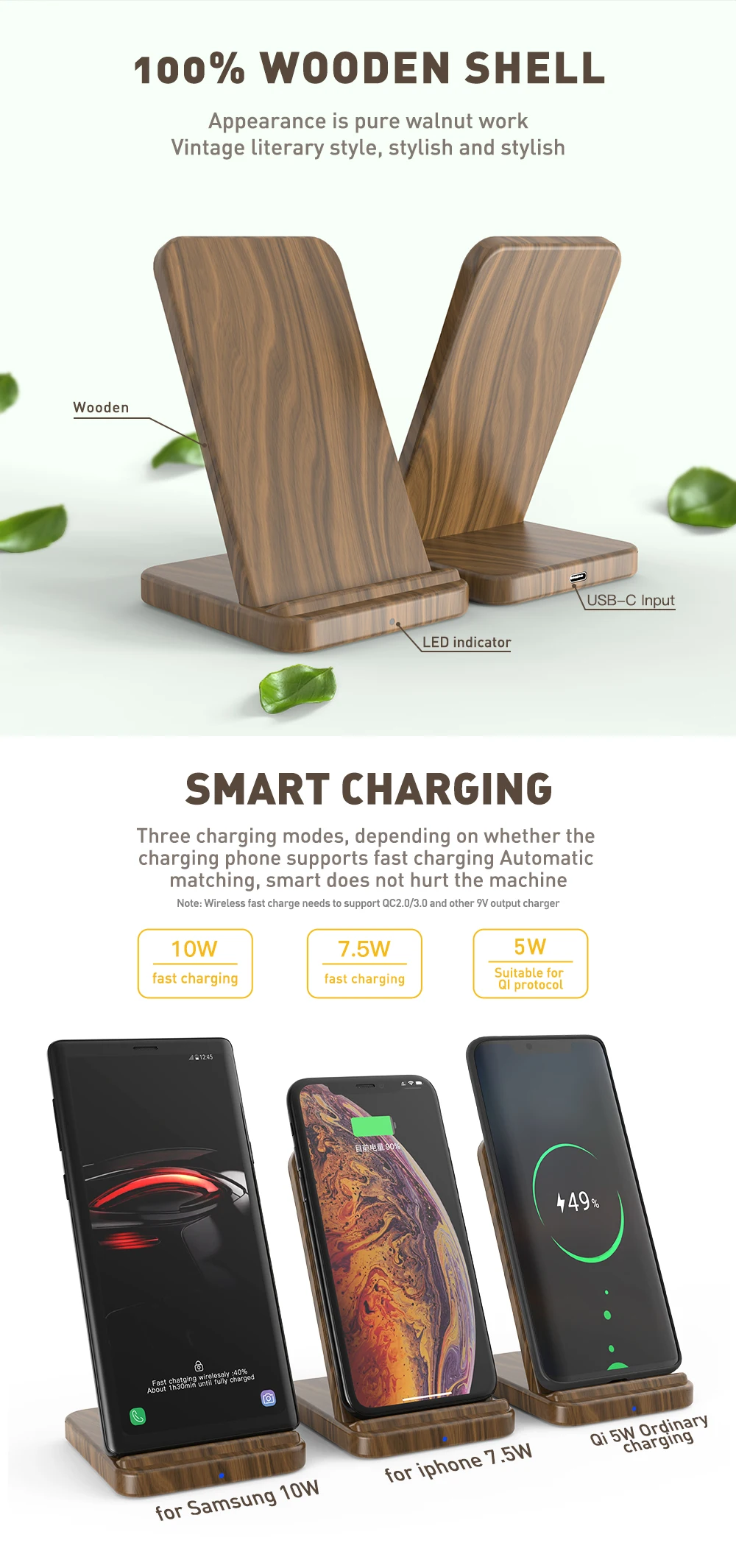 KEYSION 10 W деревянное Беспроводное зарядное устройство Qi для iPhone XR XS Max 8 Plus Xiaomi Mi 9 Быстрая Беспроводная зарядная подставка для samsung S10 S9 S8