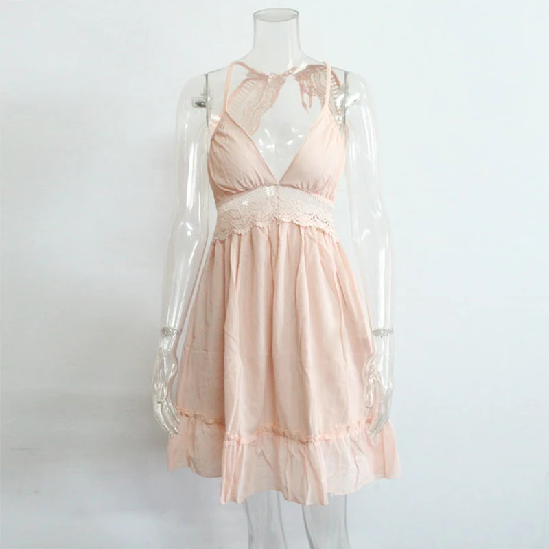 Розовый Boho Dress платье летнее женское крючком кружевными рюшами пляжное платье v-образным вырезом Спагетти ремень спинки сексуальные мини летнее платье сарафан женский летний платье женское - Цвет: Розовый